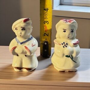 Vintage Hand-Painted Ceramic Lady & Man Salt and Pepper Shakers – 3" Tall